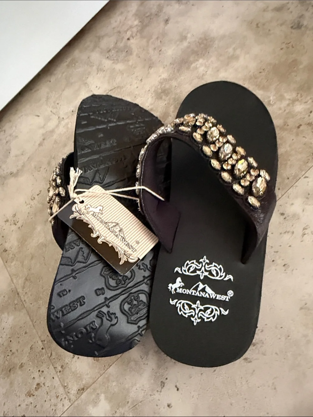 Montana West Embellished Black Women's Flip Flop Sandals -7